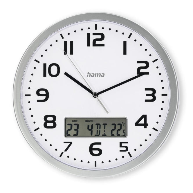 Hama DCF-Funkwanduhr Moorea 30cm 185878 digit.Datums-/Temperaturanzeige,silber