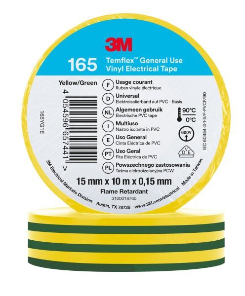 3M Temflex 15mmx10m Grün/Gelb 165YG1E Vinyl-Isolierband 0,15mm 7100222491