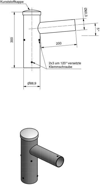 Winkelausleger/Aufsatzstück 1-fach 76er Zopf, Ausleger 60x200mm Neigung 5'