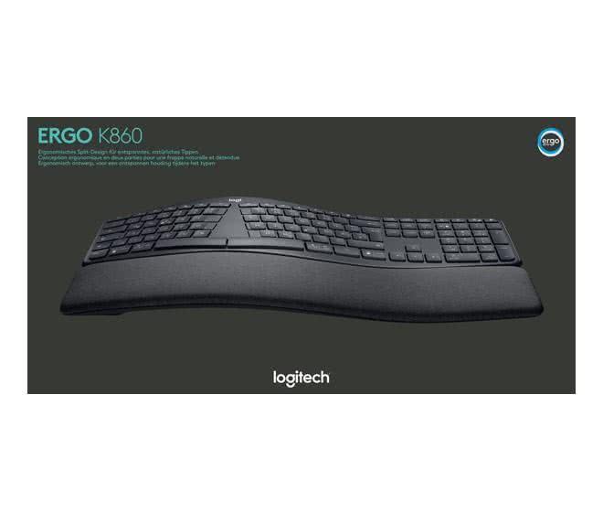 Logitech K860 schwarz ergonom. Tastatur kabellos,Unifying,Bluetooth,Handauflage