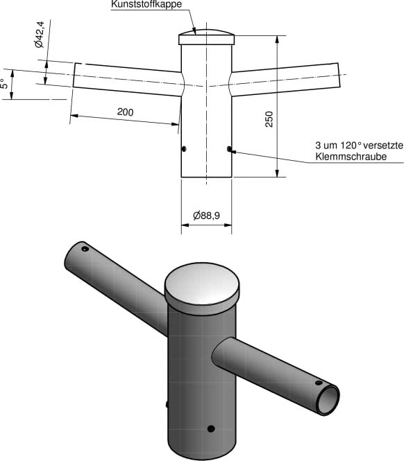 Winkelausleger/Aufsatzstück 2-fach 180' 76er Zopf, Ausleger 42x200mm Neigung 5'