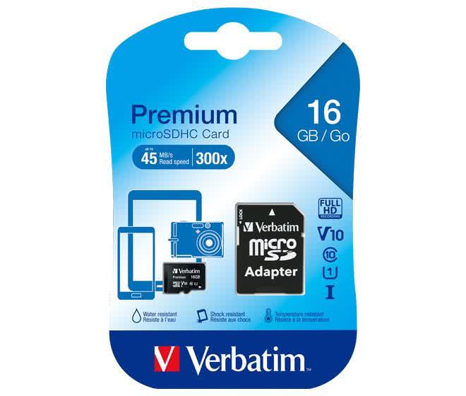 Verbatim microSDHC Card 16GB 44082 Class 10,80MB/s,SD-Adapter
