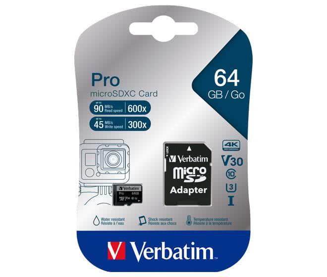 Verbatim microSDXC Card PRO 64GB 47042 U3,UHS-I,4K,90MB/s,SD-Adapter