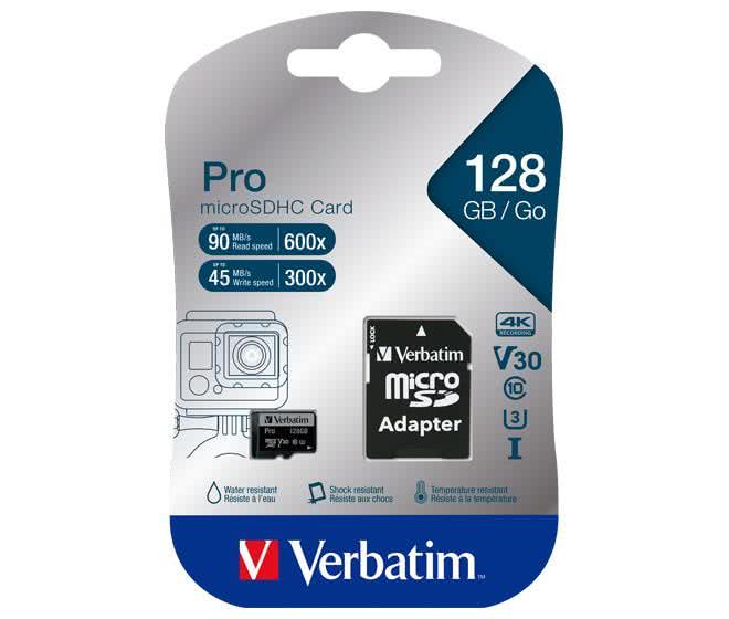 Verbatim microSDXC Card PRO 128GB 47044 U3,UHS-I,4K,90MB/s,SD-Adapter