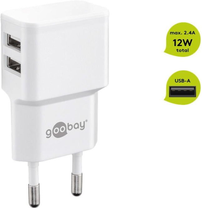Goobay Dual USB-Ladegerät 12W weiß 100-240V,2 Anschlüsse seitlich