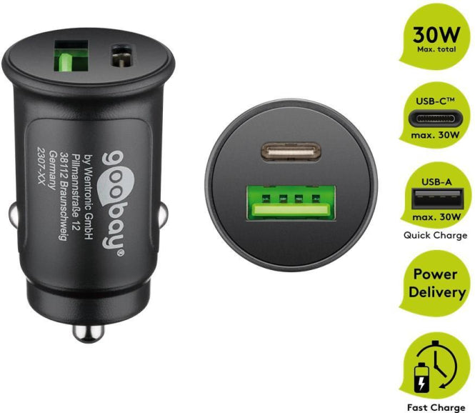 Goobay Dual KFZ-Schnellladegerät schwarz USB-C PD,USB-A QC,je max.30W