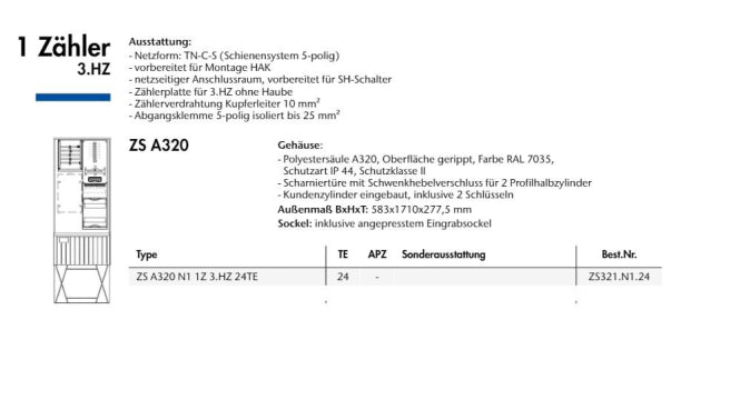 EM Zähleranschlussssäule 1Zähler,3-Punkt e.dis/SH Netz ZS321.N1.24