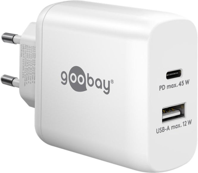 Goobay Dual USB-Schnellladegerät weiß 3A,USB-C PD 45W,USB-A max.12W,GaN