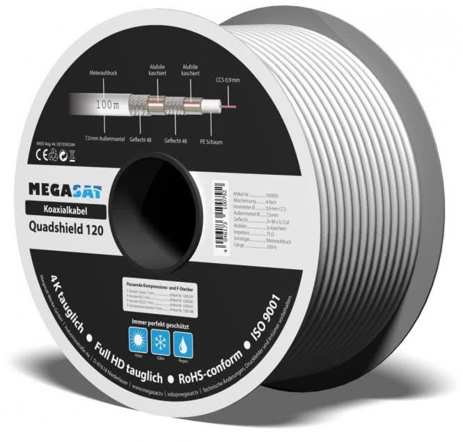 Megasat Quad-Shield 120 Koaxkabel 100m Spule,110dB,4-fach geschirmt