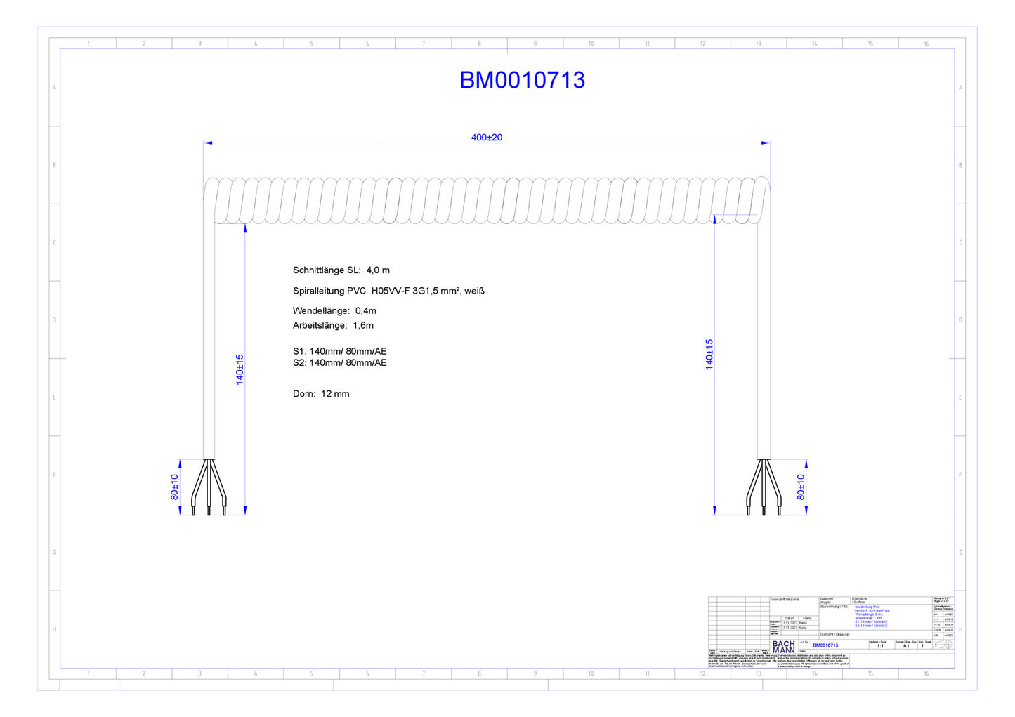 Bachmann Spiralleitung H05VV-F BM0010713 3G1,5qmm 0,4m ws AEH