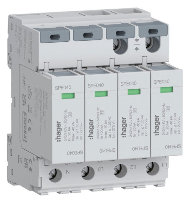 Hager Überspannungsableiter 4P SPE440S T2 TNS Uc 275V In 20kA Imax 40kA
