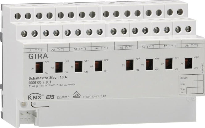 GIRA 100600 Schaltaktor 8fach 16A Hand KNX REG