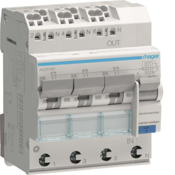 Hager Fi-LS 3X 1P+N 6kA B-16A ADZ316D 30mA Typ A QuickConnect