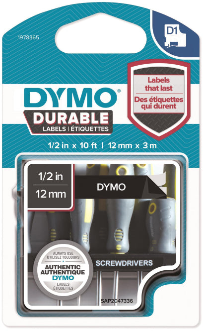 DYMO D1-Schriftband Vinyl 1978365 12mm x 3m weiß auf schwarz