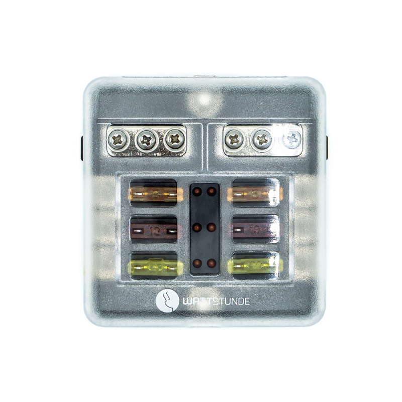 WATTSTUNDE® Plus Distributor 6 mit je 2x 5A, 10A, 15A, 20A Flachsicherungen - Homeiq24
