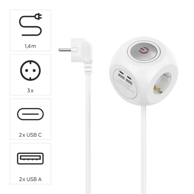 Hama Steckdosenwürfel ws 3-fach   223195     2xUSB-C/2xUSB-A 17W 1,4m m.Schalter