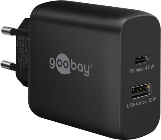 Goobay Dual USB-Schnellladegerät schwarz 3A,USB-C PD 45W,USB-A max.12W,GaN