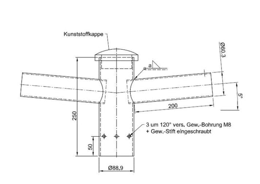 Winkelausleger/Aufsatzstück 2-fach 180'  76er Zopf, Ausleger 60x200mm Neigung 5'