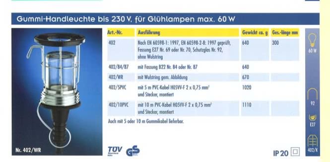 SCHNEI Handlampe                  402/WR       60W B22 Fassung Kunststoff