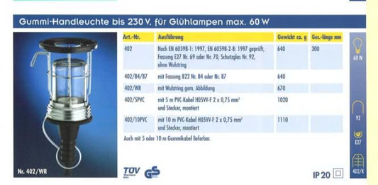 SCHNEI Handlampe                  402/WR       60W B22 Fassung Kunststoff