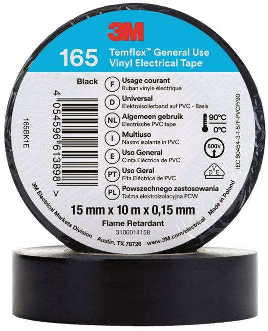 3M Temflex 15mmx10m Schwarz      165BK1E Vinyl-Isolierband 0,15mm 7100184723
