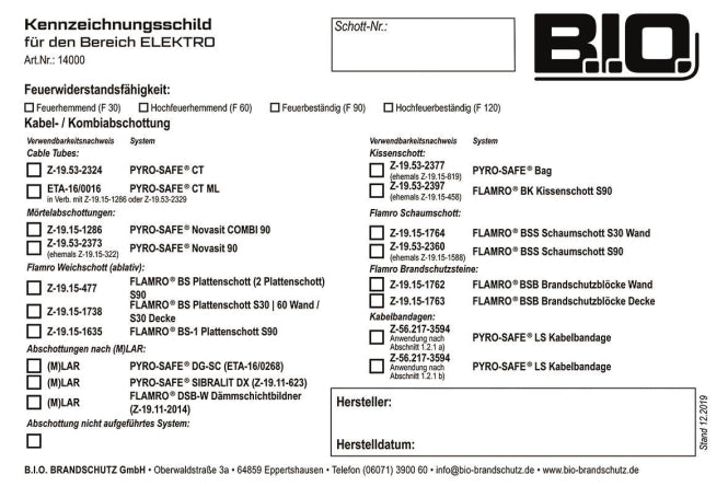 Flamro 14000 Kennzeichnungsschild        f.FLAMRO Brandschutzsysteme Universal