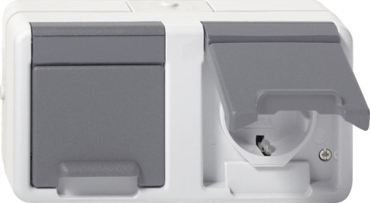 GIRA 478130 SCHUKO-Doppelsteckdose       waagerecht Klappdeckel WG AP IP44 Grau
