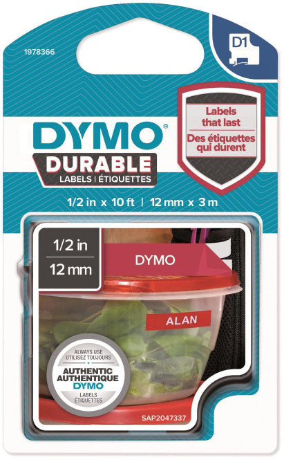 DYMO D1-Schriftband Vinyl        1978366 12mm x 3m                   weiß auf rot