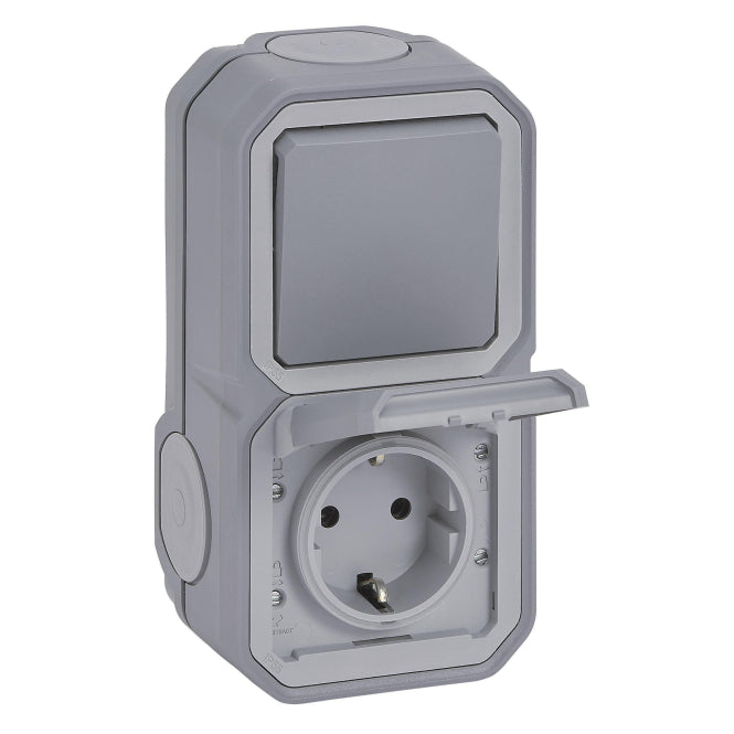 Legrand 069746L Plexo New FRAP IP44      Kombi Wechsel/Schuko grau senkrecht