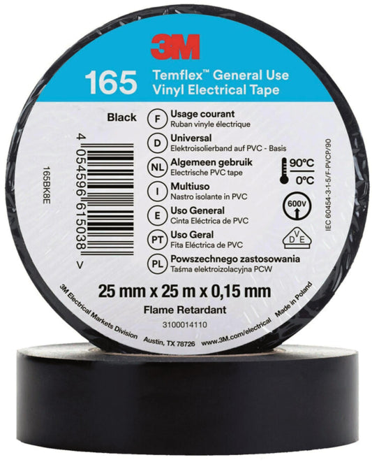 3M Temflex 25mmx25m Schwarz      165BK8E Vinyl-Isolierband 0,15mm 7100184820