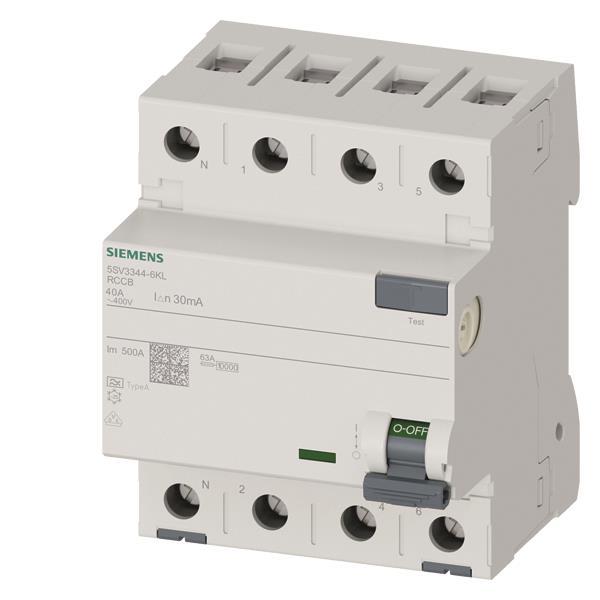 Siemens FI-Schalter 4x40A     5SV33446KL Typ A 40A 3+N-pol 30mA 400V 4TE N-links
