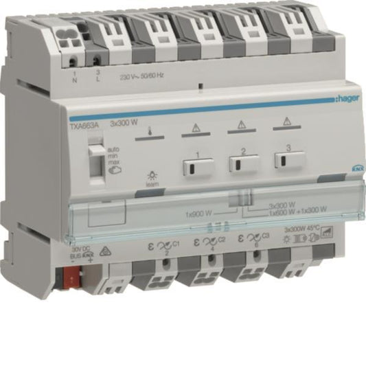 Hager Universal-Dimmaktor 3fach  TXA663A KNX easy 3x300W ESL/LED