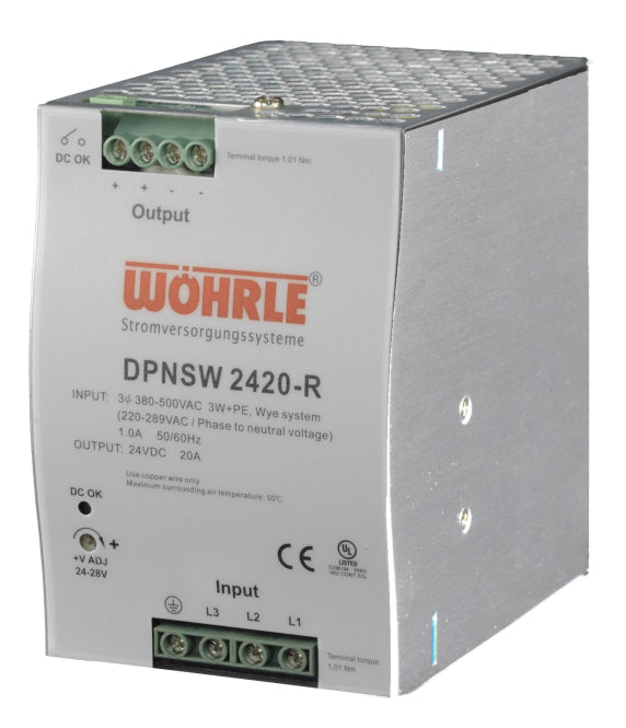 Wöhrle Netzgerät 3phas.      DPNSW2420-R E:340-550VAC A:24VDC 20A DC-OK LED Rel.