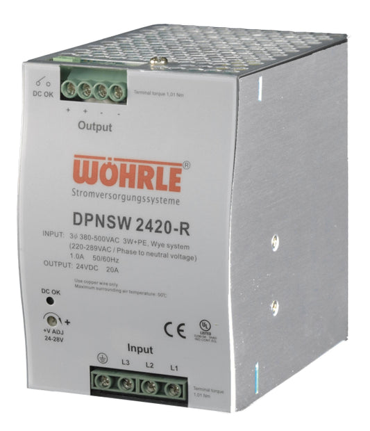 Wöhrle Netzgerät 3phas.      DPNSW2420-R E:340-550VAC A:24VDC 20A DC-OK LED Rel.