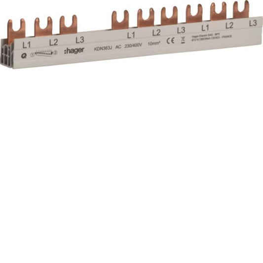 Hager Phasenschiene 3 polig      KDN363J m.Gabelanschluss 10mm² 63A 10 Module