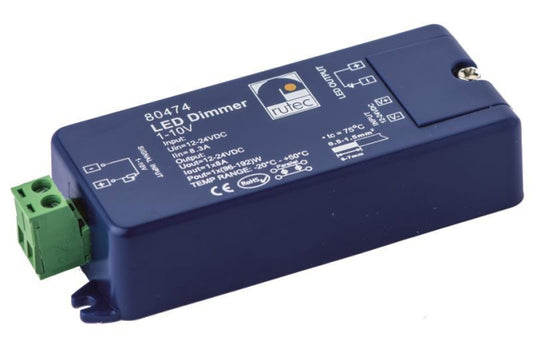RUTEC LED Dimmer 1-10V/Poti/Taster 80474 192W/24V 96W/12V, 1 Kanal, 94x37x21mm