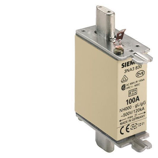 Siemens 3NA3830 NH000 100A 500VAC/250DC  gL/gG Sicherung spannungsführend