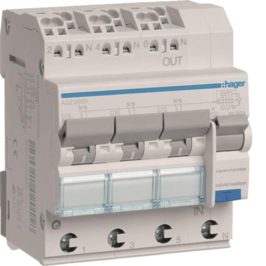 Hager Fi-LS 3X 1P+N 6kA C-16A    ADZ366D 30mA Typ A QuickConnect