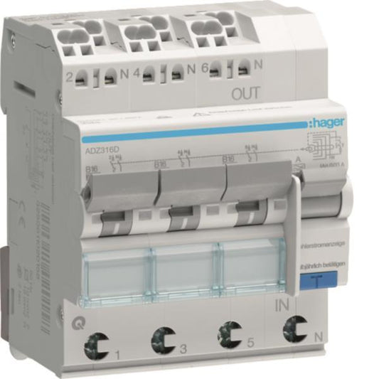 Hager Fi-LS 3X 1P+N 6kA B-16A    ADZ316D 30mA Typ A QuickConnect