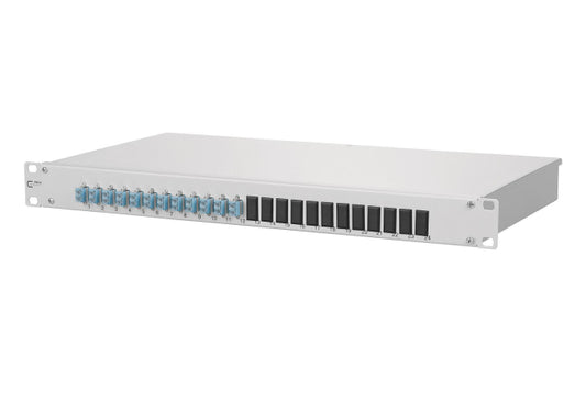 Metz OpDAT fix 12xLC-D OM3  1502557712-E Keramik aqua bestückt 19" 1HE Spleißbox