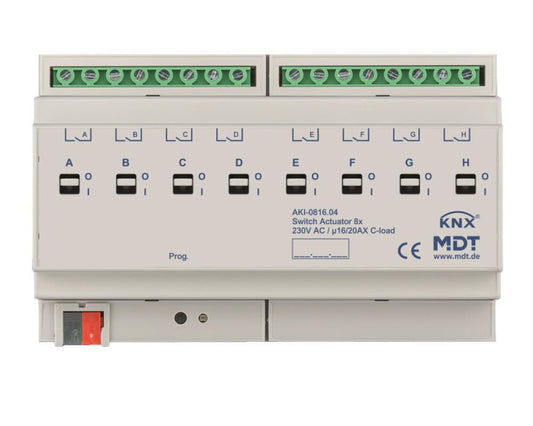 MDT Schaltaktor 8-fach 8TE REG 16/20A    230VAC C-Last Industrie 200uF AKI-