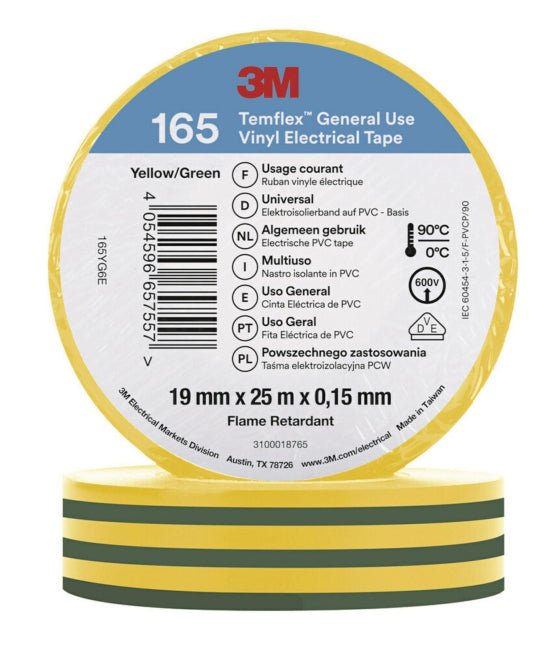 3M Temflex 19mmx25m Grün/Gelb    165YG6E Vinyl-Isolierband 0,15mm 7100222494