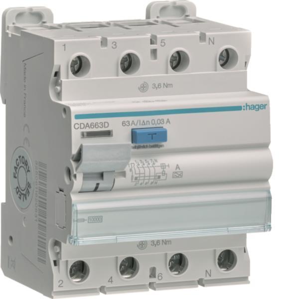 Hager Fi-Schalter 4polig 10kA    CDA663D 63A 30mA Typ A