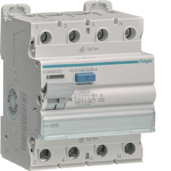 Hager Fi-Schalter 4polig 10kA    CDA640D 40A 30mA Typ A