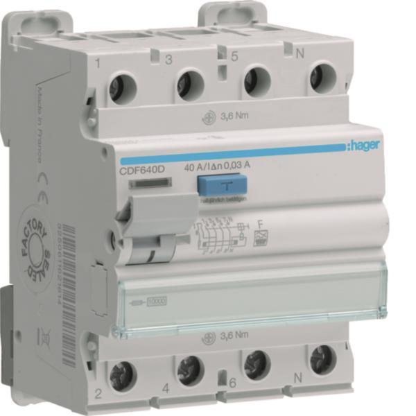 Hager Fi-Schalter 4polig 10kA    CDF640D 40A 30mA Typ F