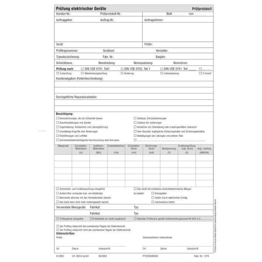 Beha Prüfprotokoll (50 Stk) FTC00001279D nach DIN VDE 0701/0702           3313435