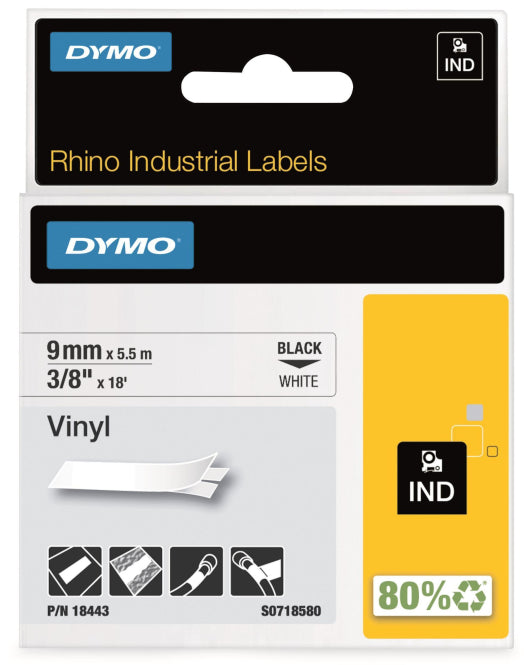 DYMO Rhino-Band IND Vinyl          18443 9mm x 5,5m              schwarz auf weiß