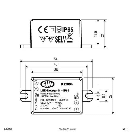 EVN LED-Netzgerät 12V DC 0-4W     K12004    IP65  f.Schalterdosen 55x27x21mm