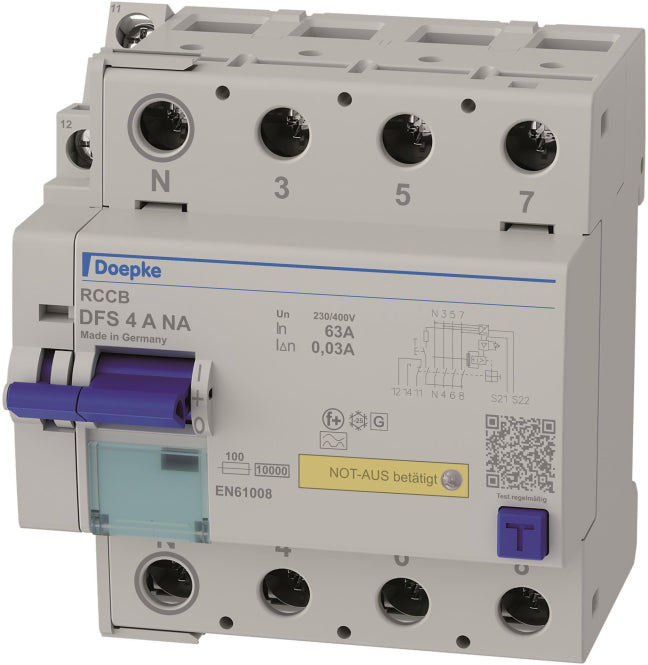 Doepke FI-Schalter  DFS4 063-4/0,03-A NA 4p 63 A 0.03 A Typ A,Not-Aus,N links
