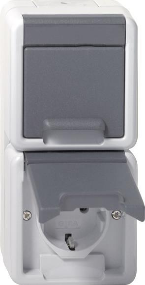 GIRA 478030 SCHUKO-Doppelsteckdose       senkrecht Klappdeckel WG AP IP44 Grau